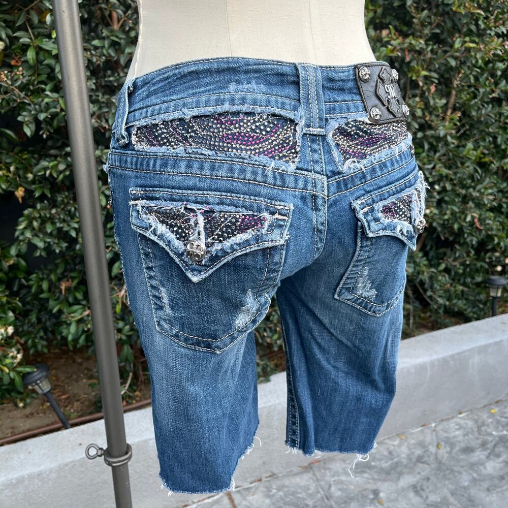 Y2K Miss Me Bedazzled Blue Jean Denim Cut-Off Shorts 27 Low Rise